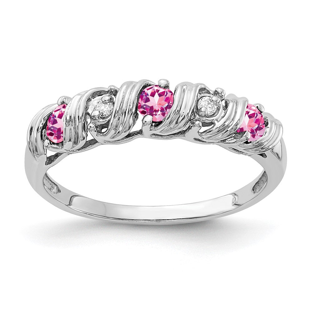 14k White Gold Round Pink Sapphire and AA Diamond Twist Ring