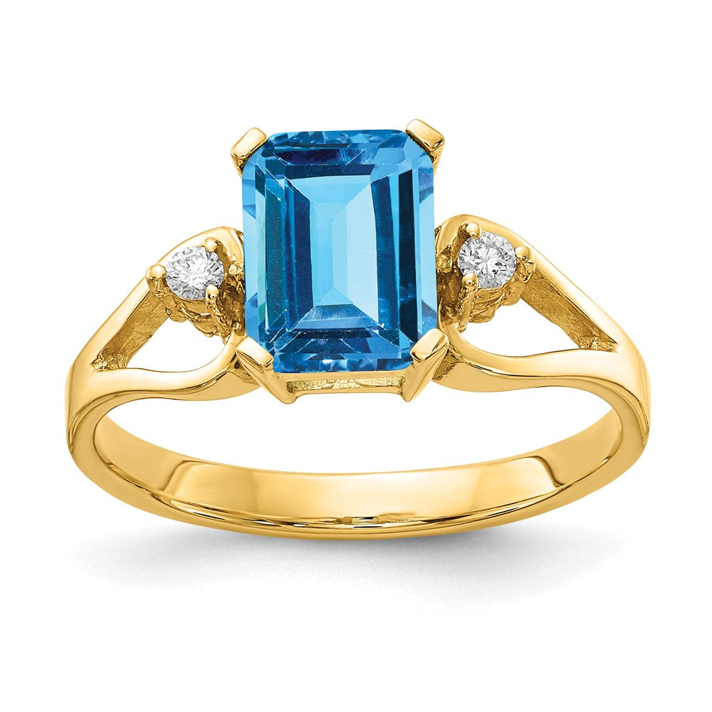 14k 8x Emerald-cut Blue Topaz and 1/20 carat VS Diamond Ring