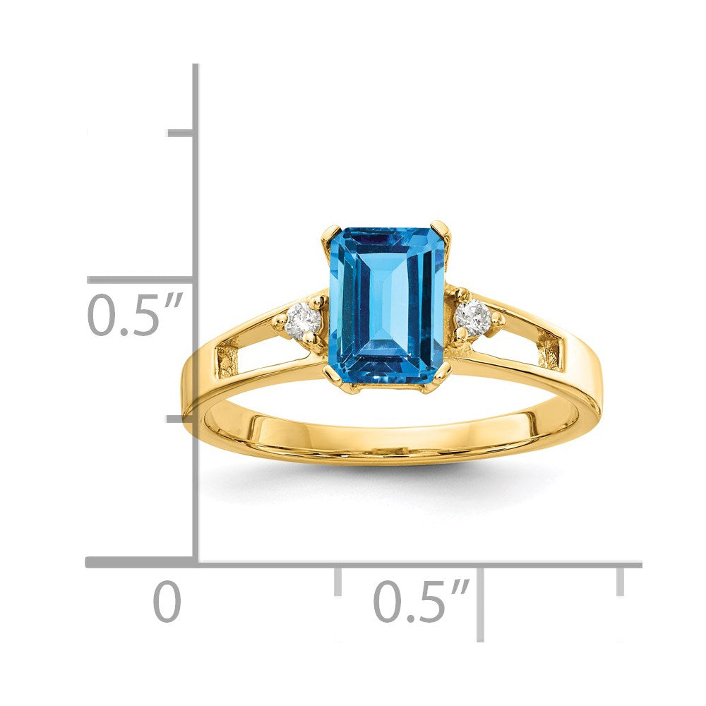 14k 7x Emerald-cut Blue Topaz and 1/20 carat AA Diamond Ring