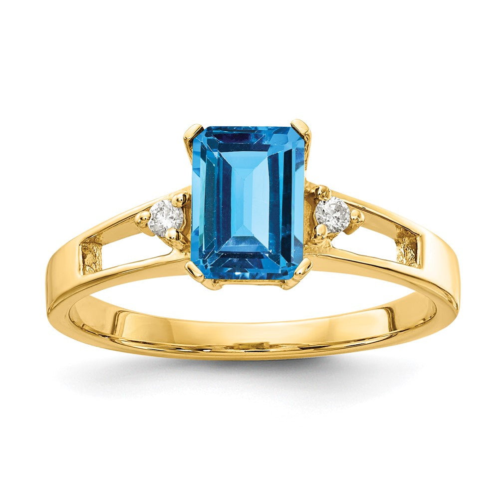 14k 7x Emerald-cut Blue Topaz and 1/20 carat AA Diamond Ring