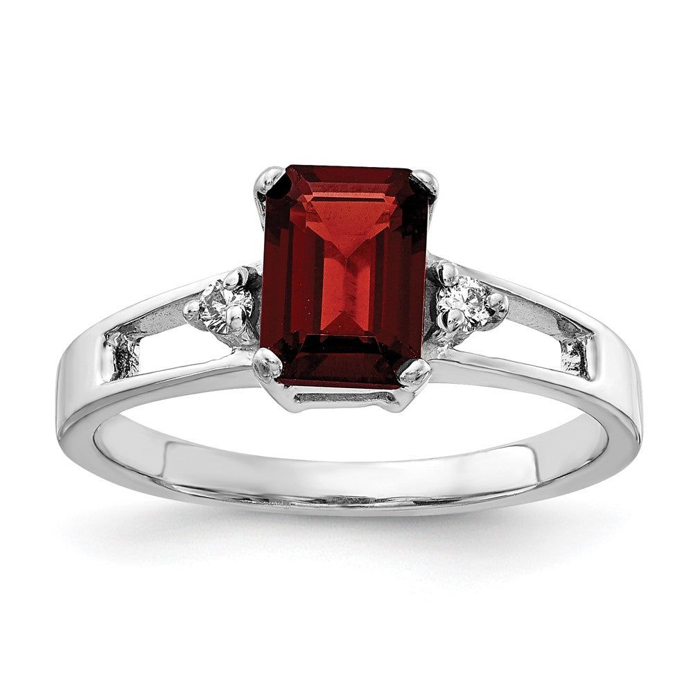 14k White Gold 7x Emerald Cut Garnet AA Diamond Ring