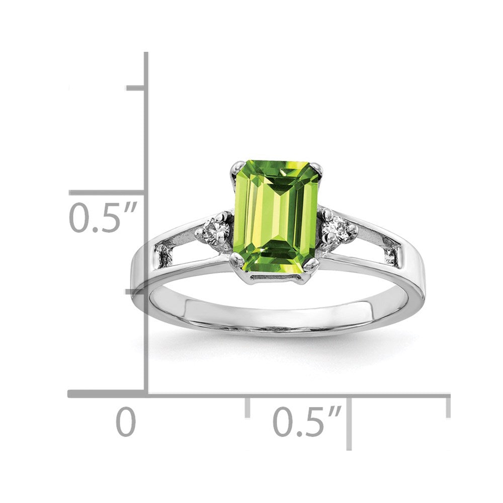 14k White Gold 7x Emerald-cut Peridot and 1/20 carat AAA Diamond Ring