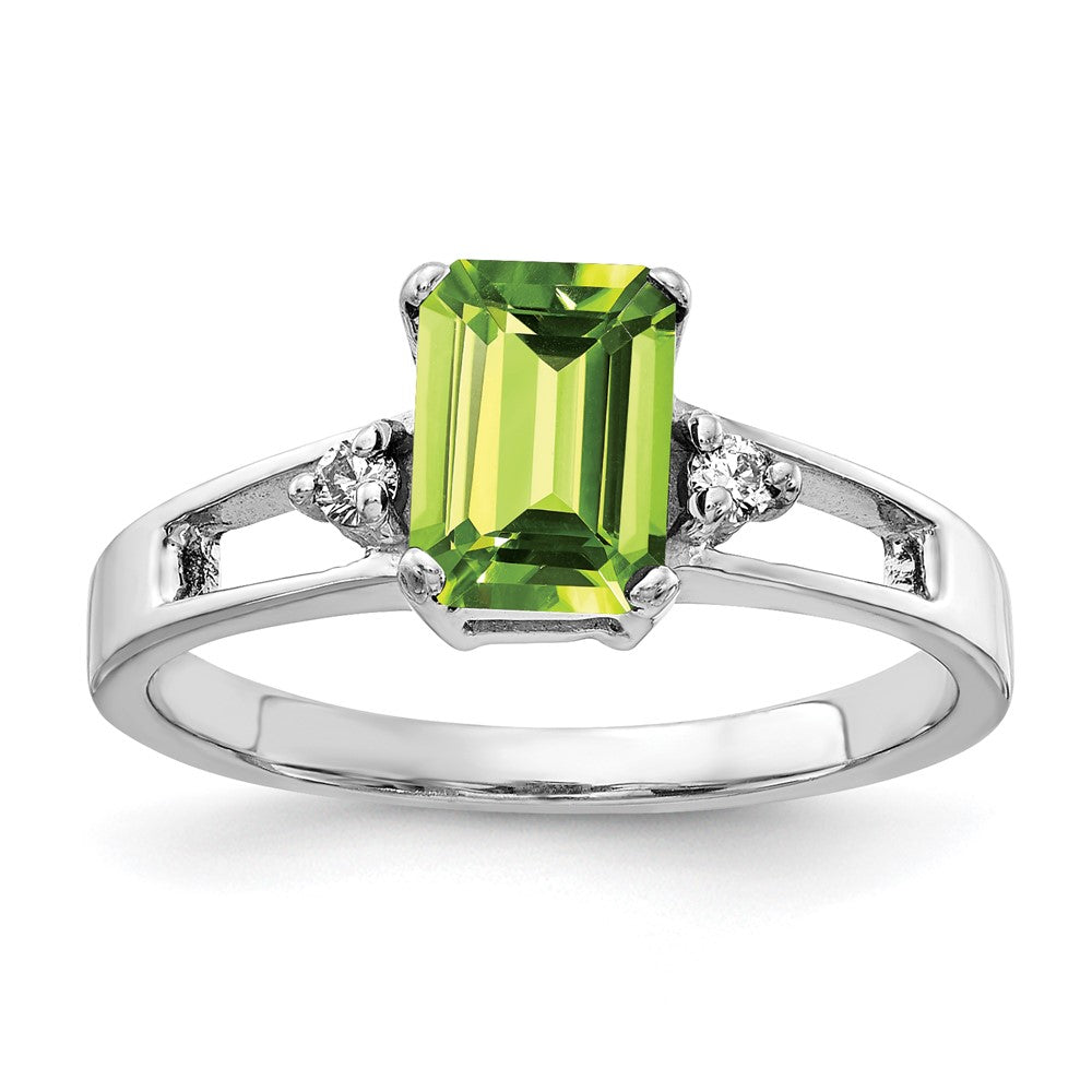 14k White Gold 7x Emerald-cut Peridot and 1/20 carat AAA Diamond Ring