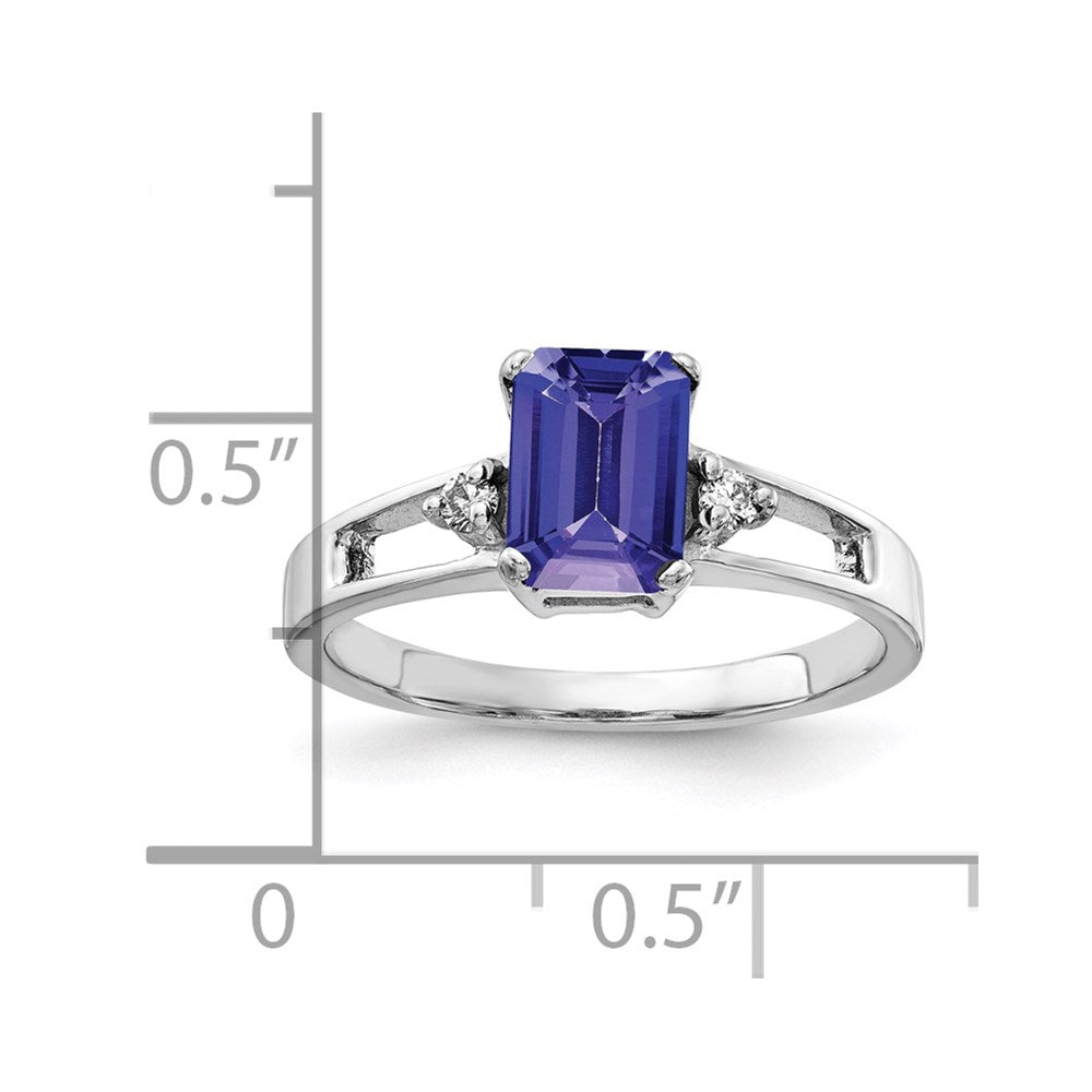 14k White Gold 7x Emerald-cut Tanzanite and 1/20 carat VS Diamond Ring