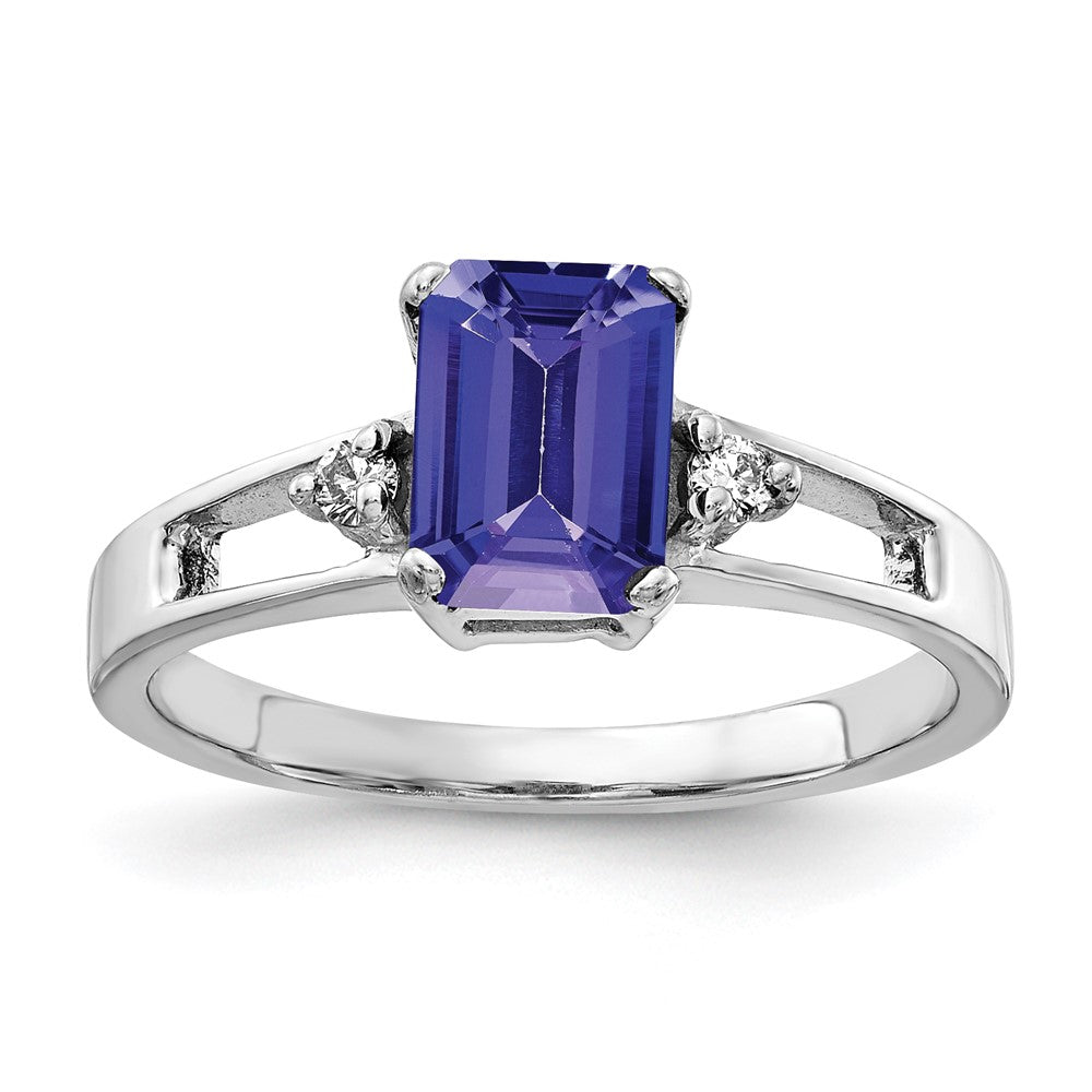 14k White Gold 7x Emerald-cut Tanzanite and 1/20 carat A Diamond Ring