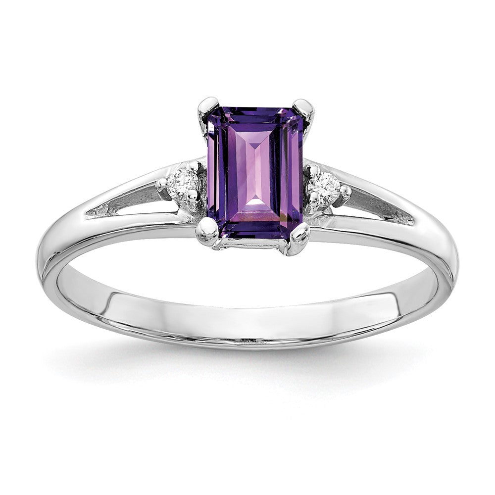 14k White Gold 6x Emerald Cut Amethyst A Diamond ring