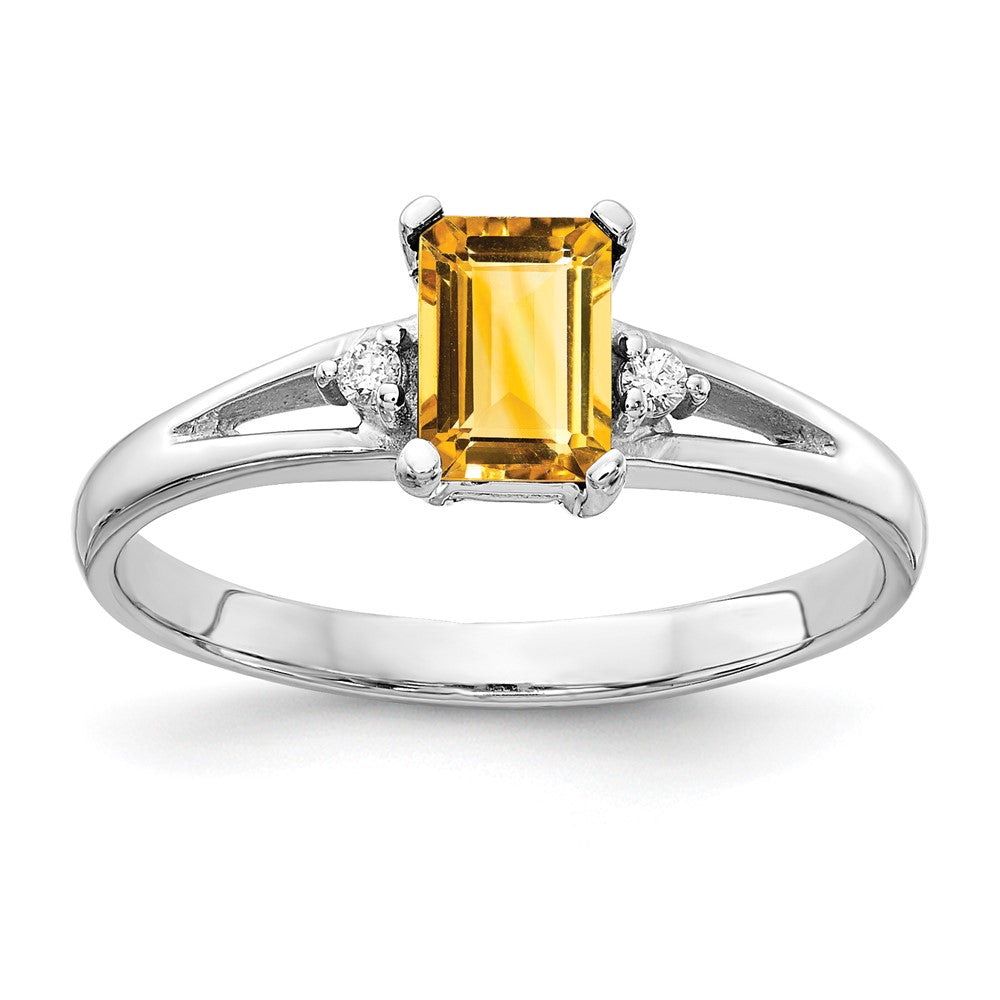 14k White Gold 6x Emerald Cut Citrine A Diamond ring