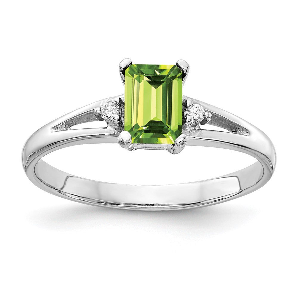 14k White Gold 6x Emerald-cut Peridot and AAA Diamond Ring