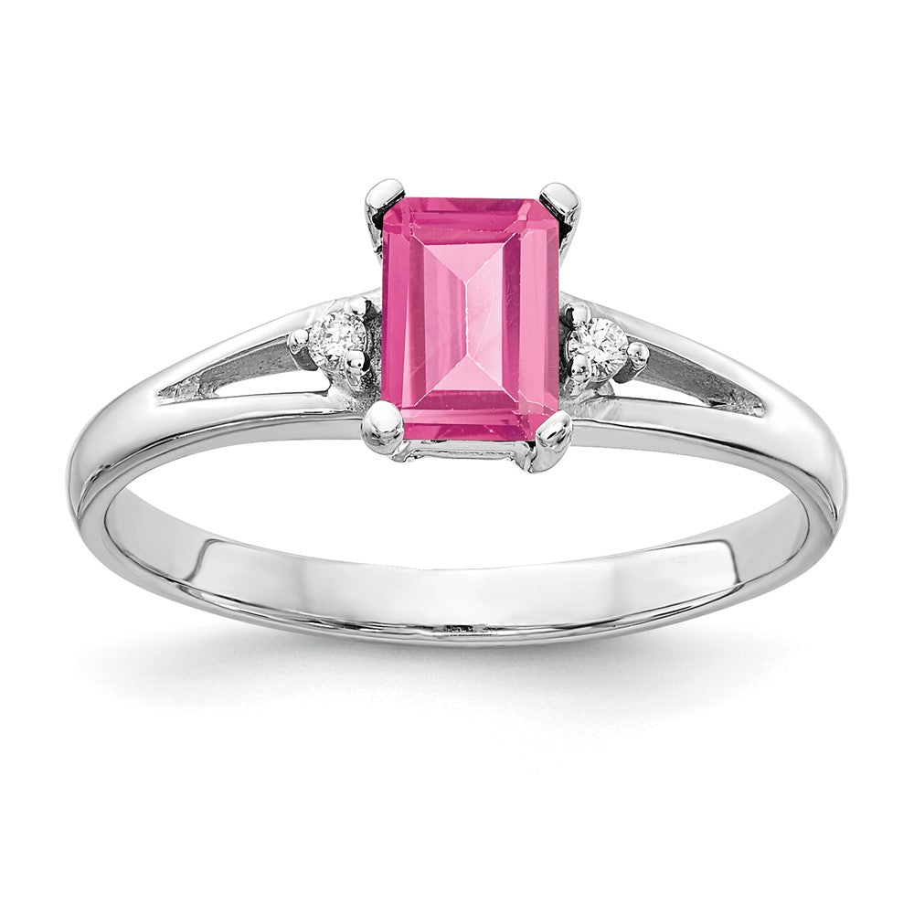 14k White Gold 6x Emerald Cut Pink Tourmaline A Diamond ring