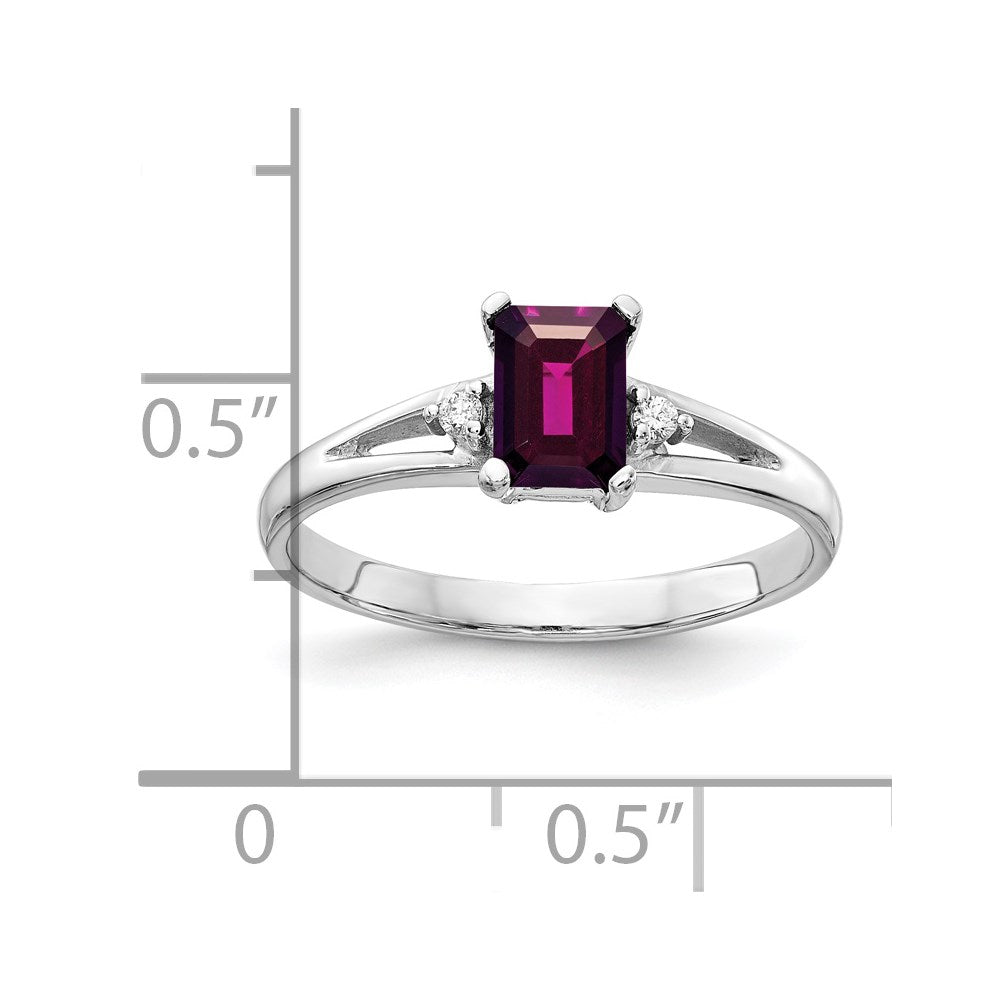 14k White Gold 6x Emerald Cut Rhodolite Garnet A Diamond ring