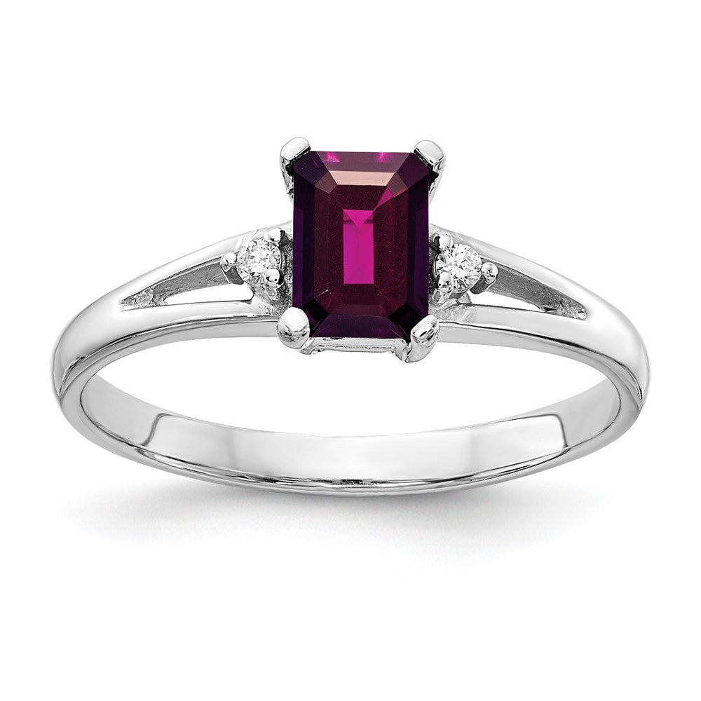 14k White Gold 6x Emerald Cut Rhodolite Garnet A Diamond ring