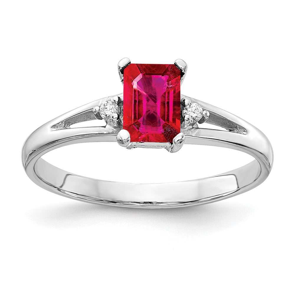 14k White Gold 6x Emerald Cut Ruby A Diamond ring