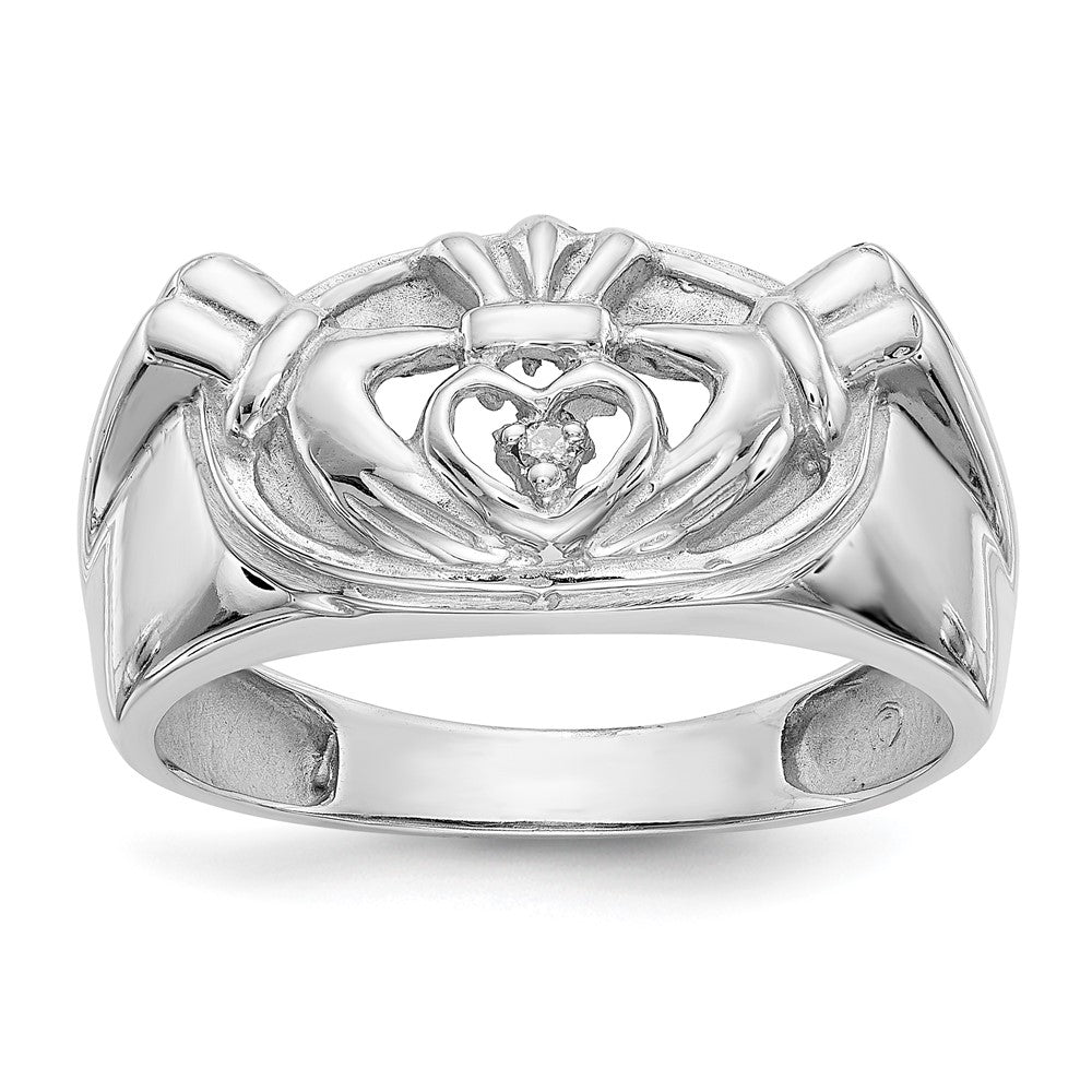 14k White Gold Mens AA Diamond Claddagh Ring