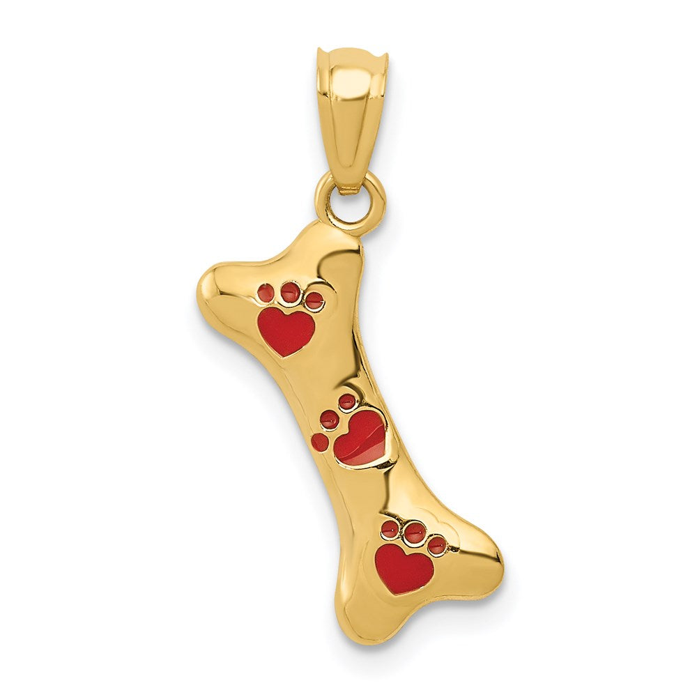 14k Yellow Gold Dog Bone with Red Enamel Paw Prints Pendant