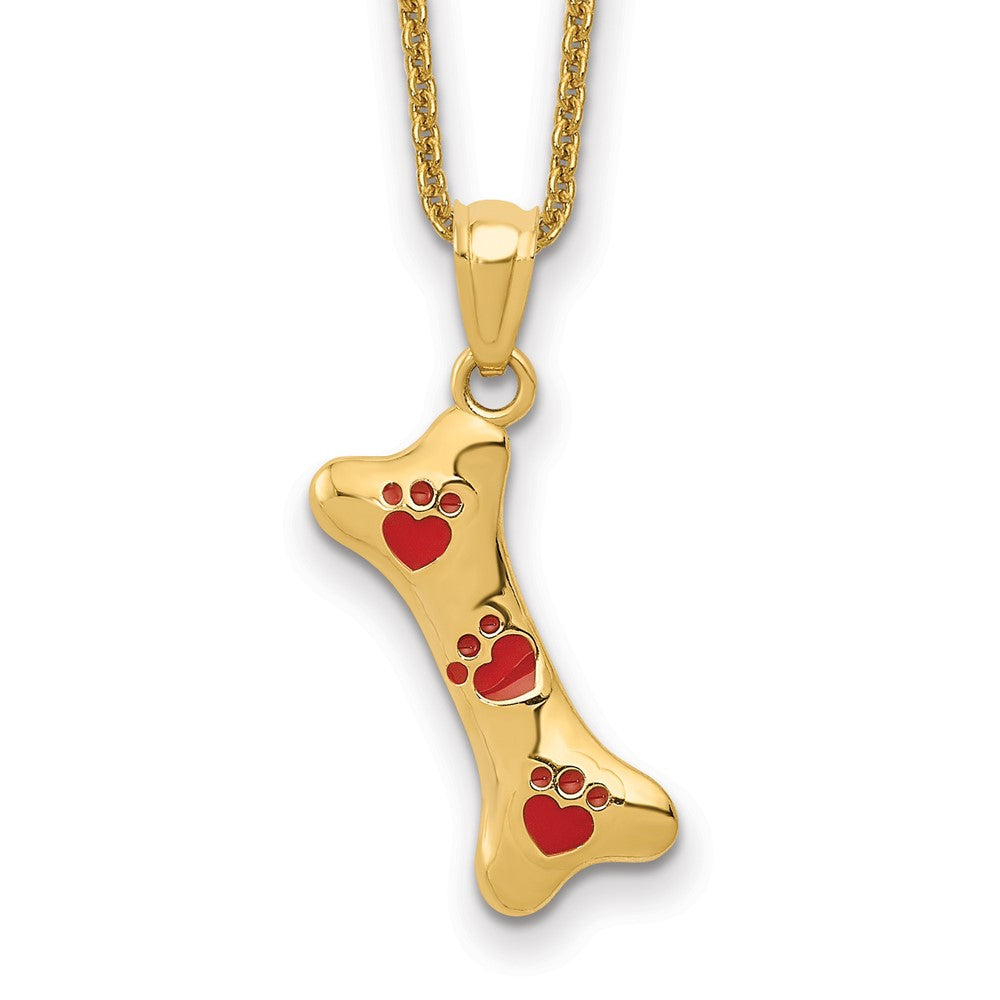 14k Yellow Gold Dog Bone with Red Enamel Paw Prints Necklace