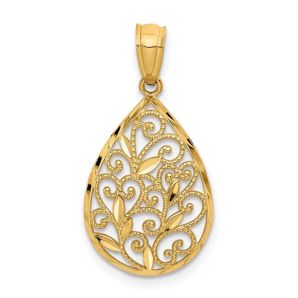 14K Polished and Textured Small Filigree Teardrop Pendant