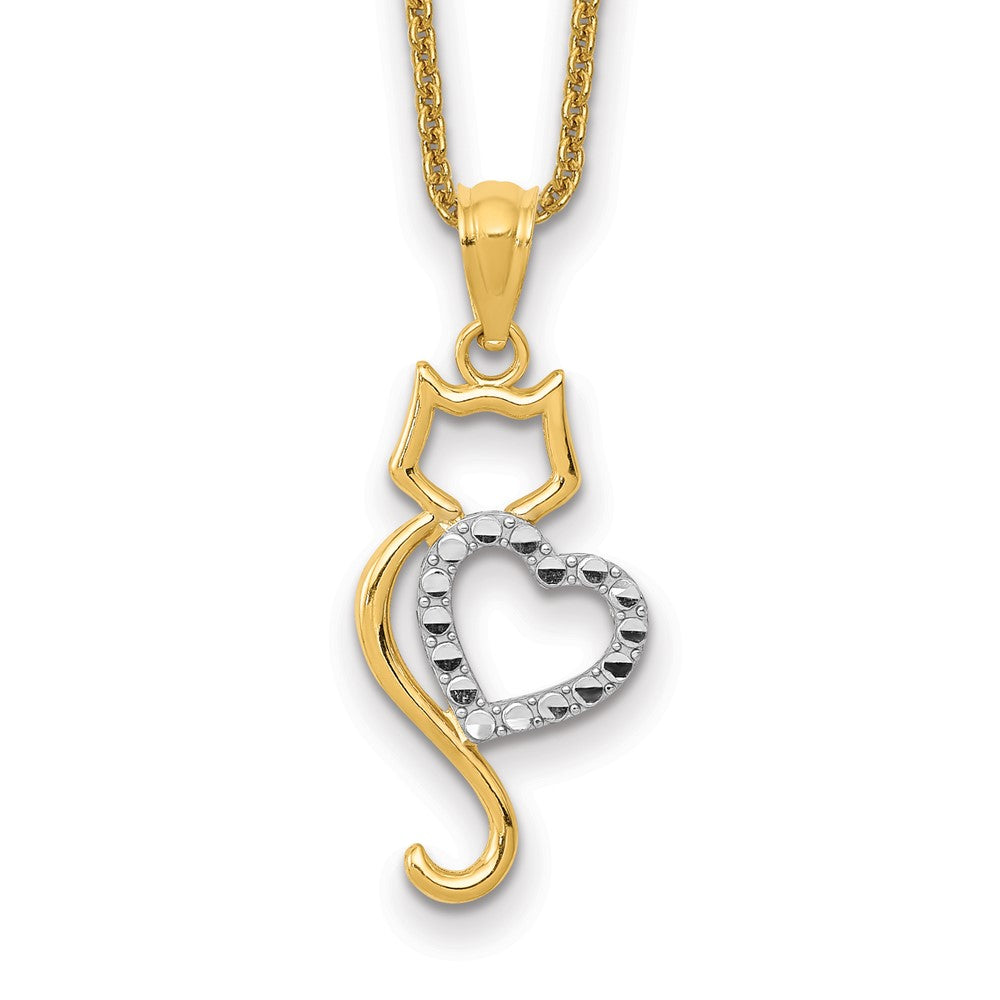 14k Two-tone Polished Cat with Heart Necklace