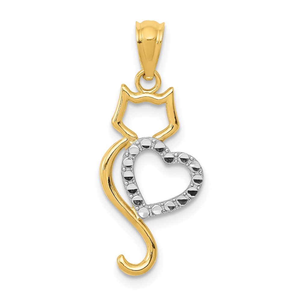 14k Rhodium-Plated Polished Cat w/Heart Pendant