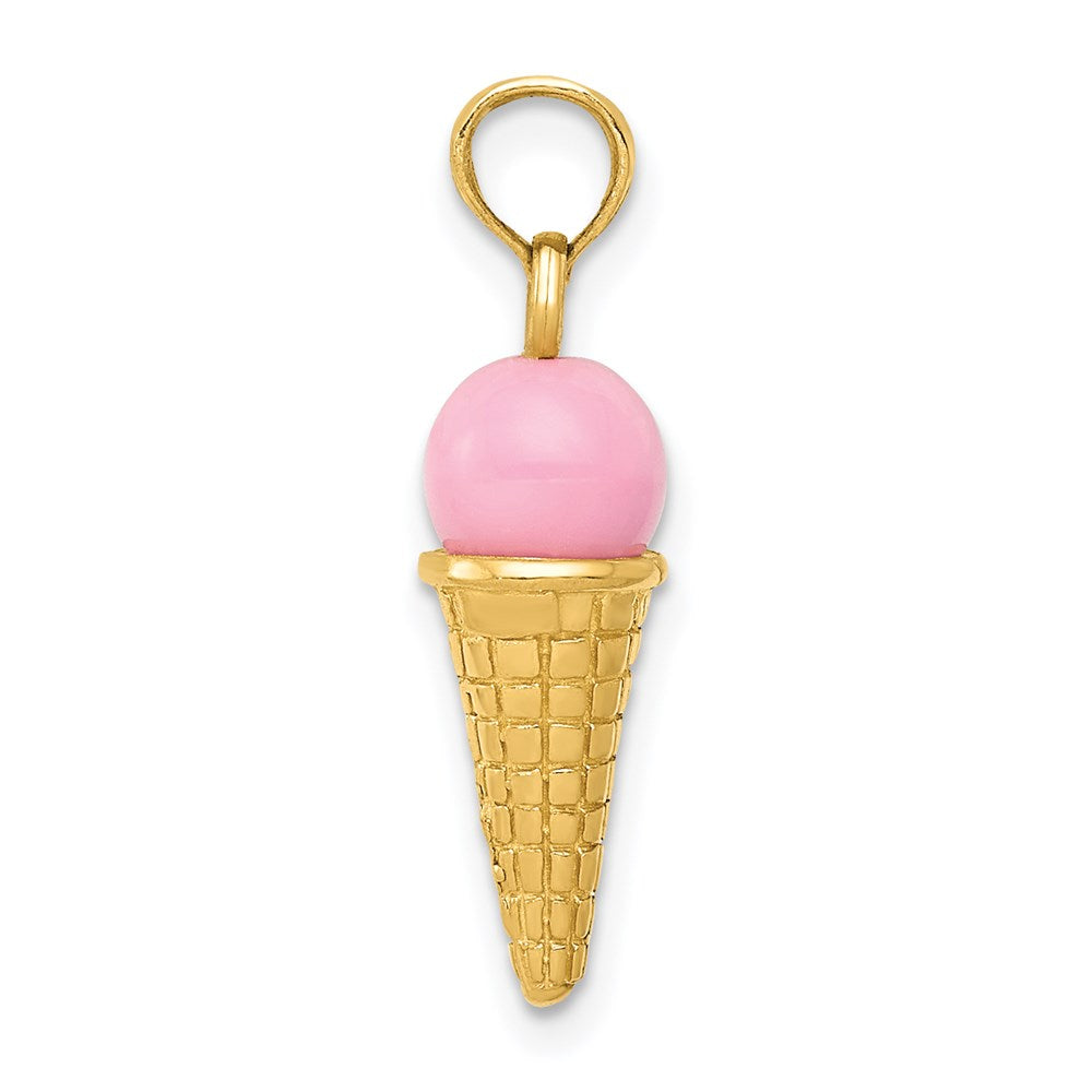 14K Satin Polished 3D Pink Quartz Ice Cream Cone Charm