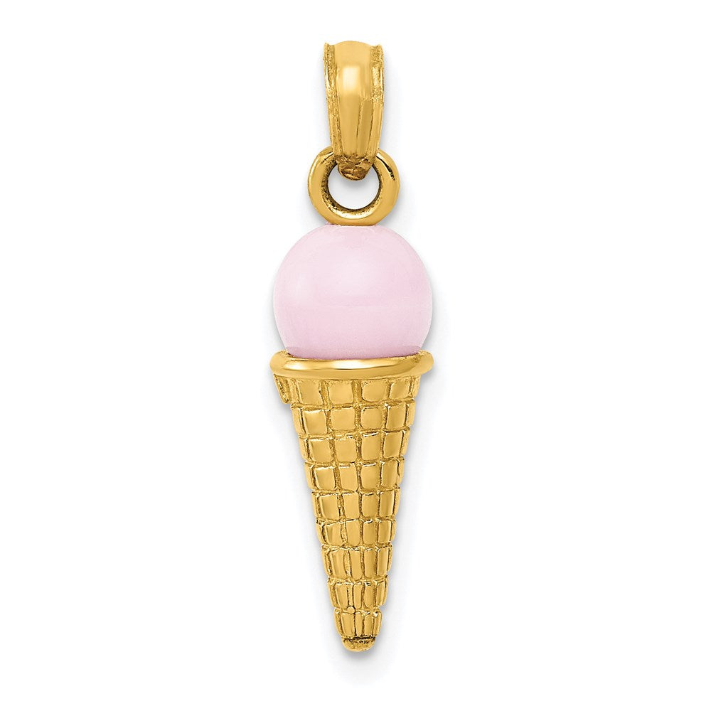 14K Satin Polished 3D Pink Quartz Ice Cream Cone Charm