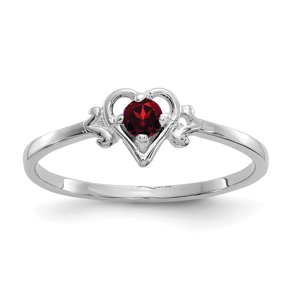 14K White Gold Round Garnet Birthstone Heart Ring