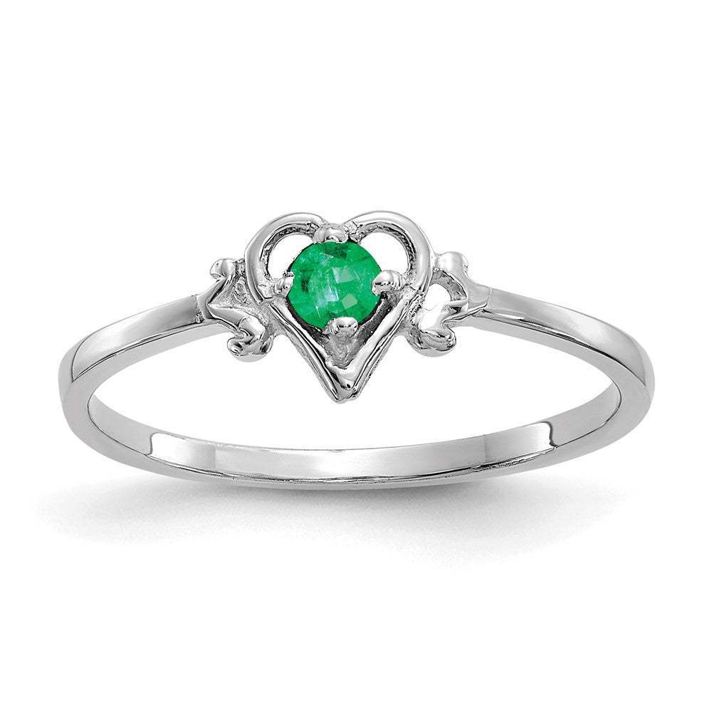 14K White Gold Round Emerald Birthstone Heart Ring