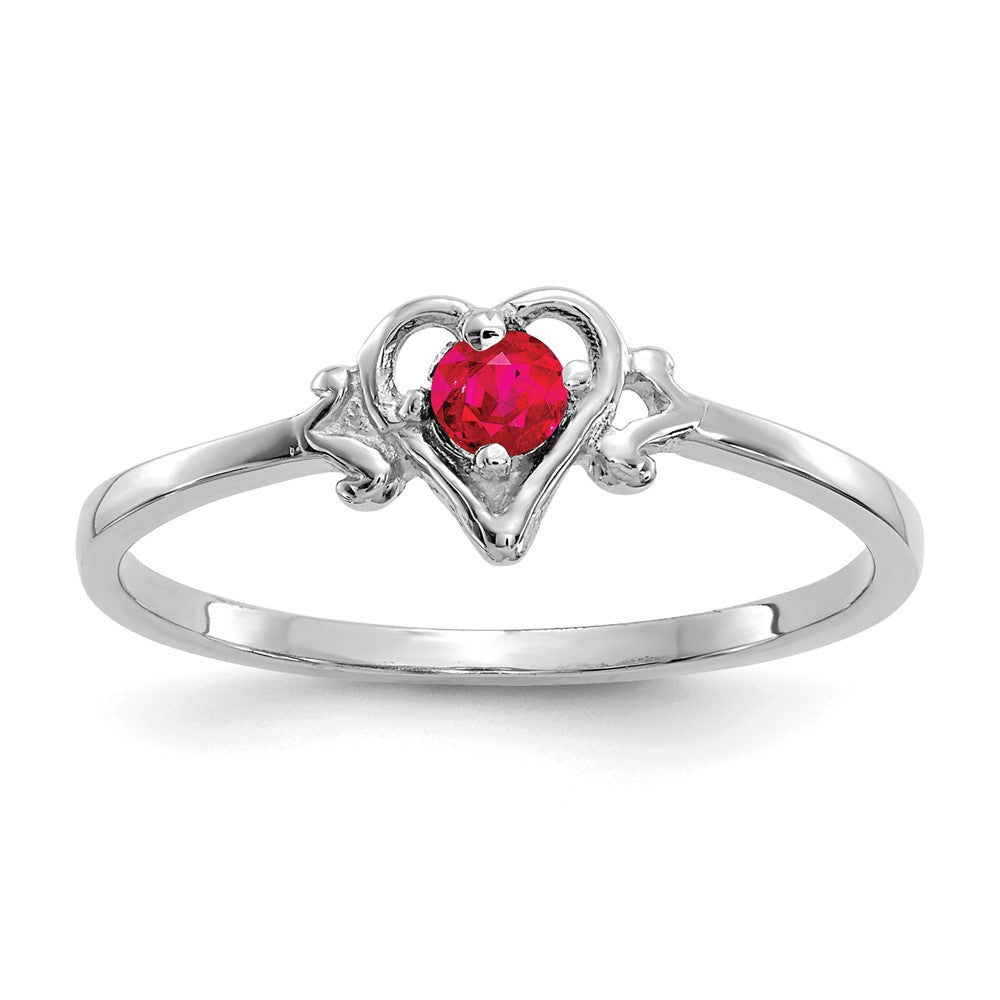 14K White Gold Round Ruby Birthstone Heart Ring