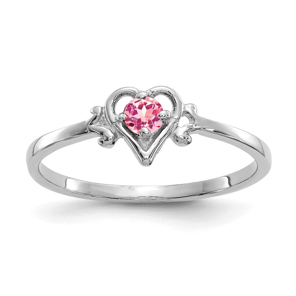 14K White Gold Round Pink Tourmaline Birthstone Heart Ring