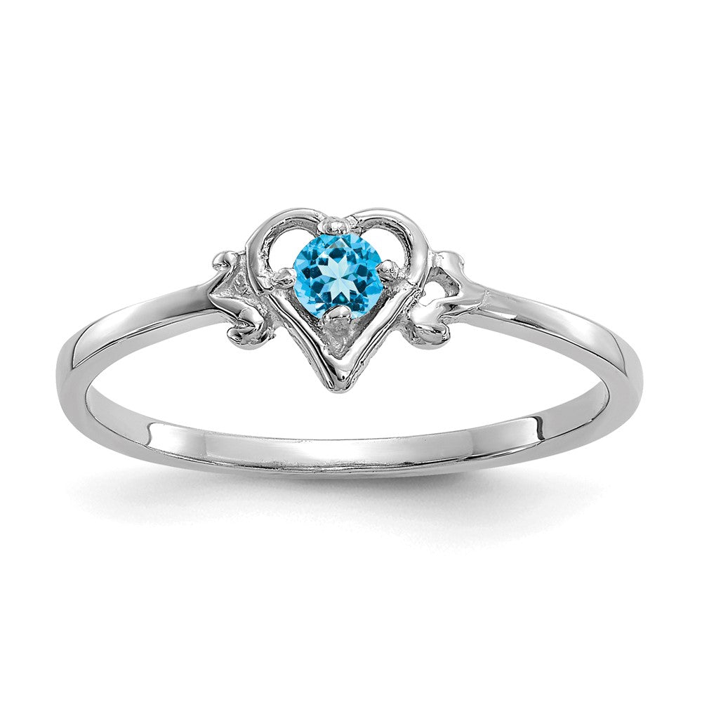 14K White Gold Round Blue Topaz Birthstone Heart Ring