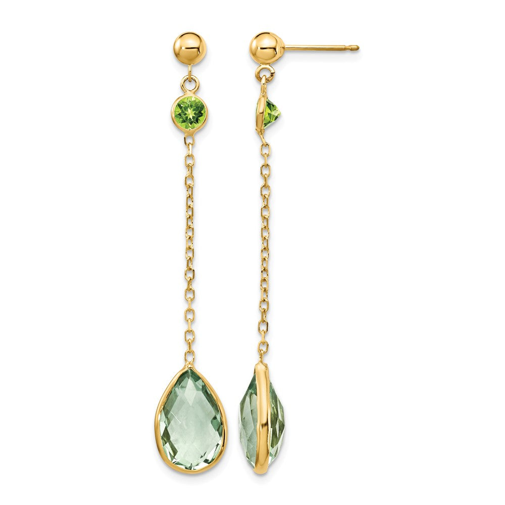 14K Round Peridot/Pear Green Quartz Chain Dangle Post Earrings