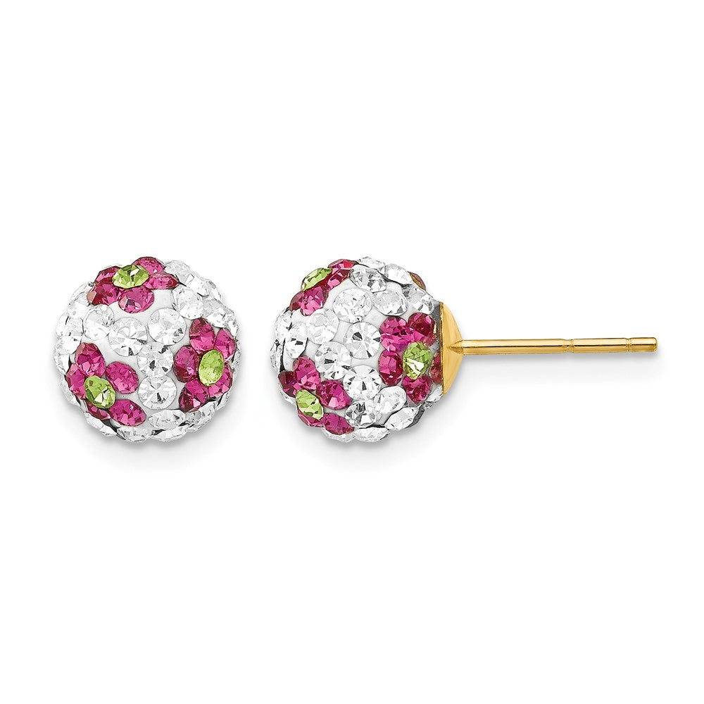 14k Pink/White/Green Crystal Flowers Round Ball Post Earrings