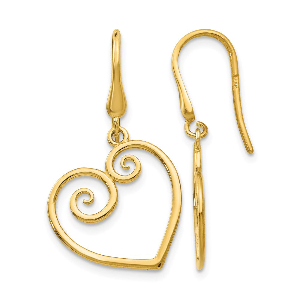 14K Fancy Scrolled Heart Dangle French Hook Earrings