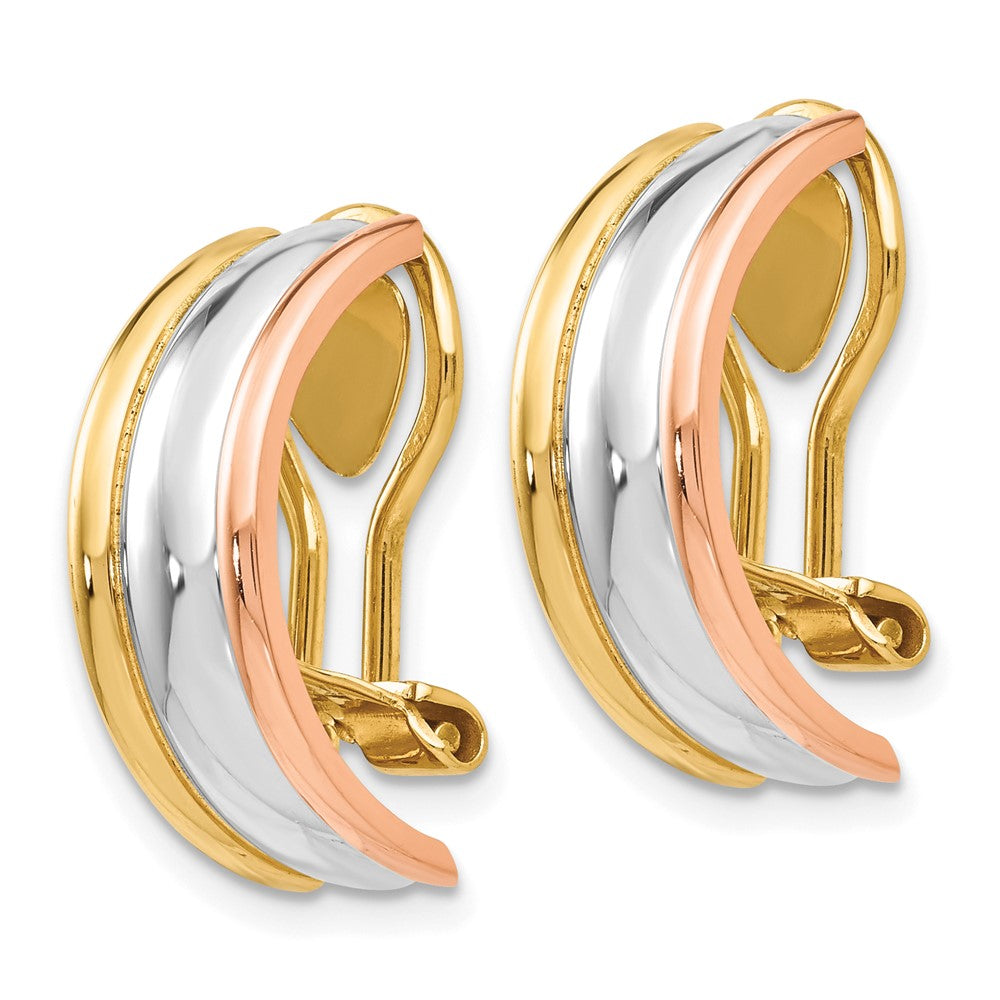 14k Tri-color 7x Polished Half Hoop Omega Back Non-pierced Earrings